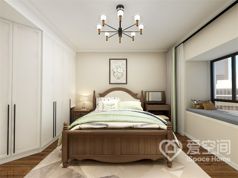 米白色调的背景在视觉上扩大了主卧空间，实木装饰材料设定了现代的基调，白色衣柜彰显出优雅质感。