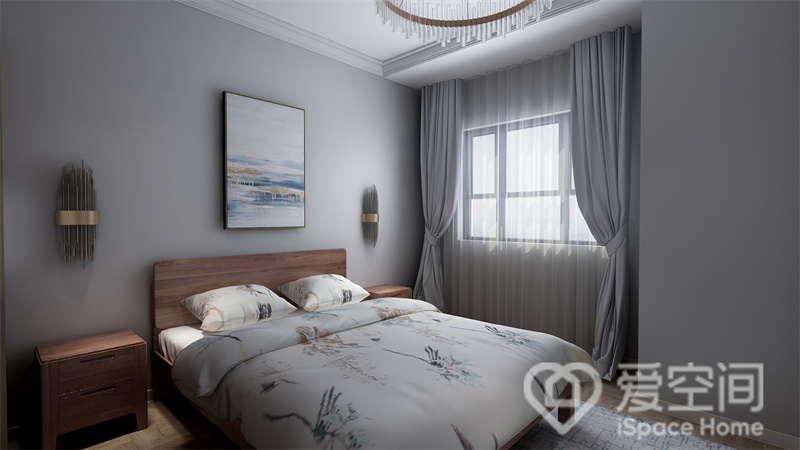 简约的家具令主卧空间清爽简洁，原木双人床搭配白色床品婉约舒适，符合业主的审美品位。