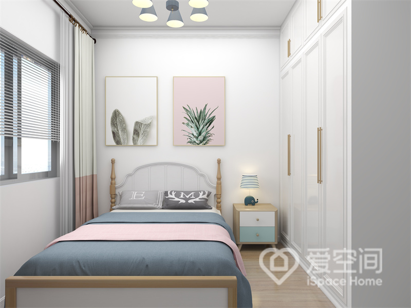 次卧整体以白色为主，卧室中的家具简约而精致，粉色与蓝色碰撞体现出北欧风格的高级治愈感。