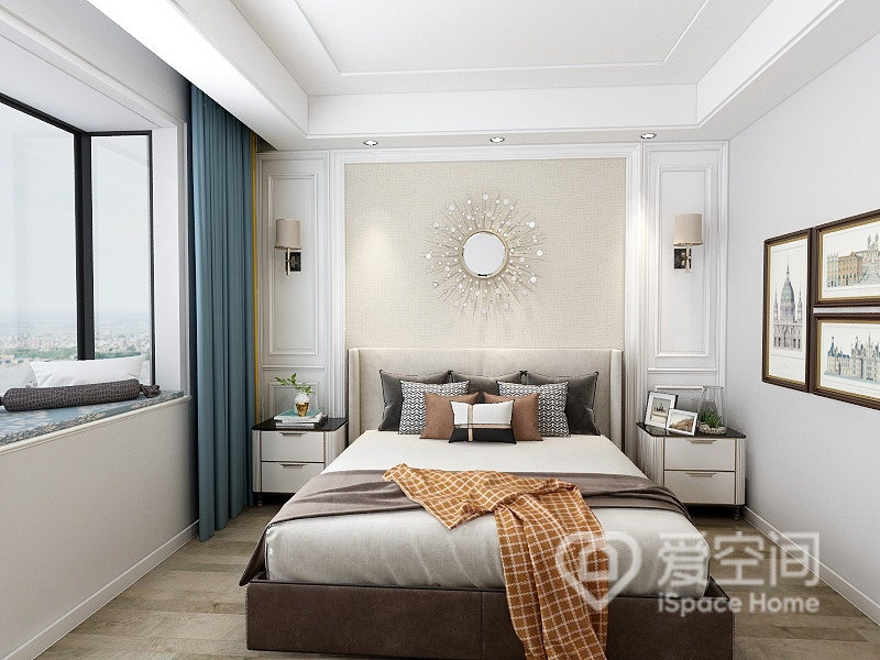 主卧墙面材质简单，设计师运用配色的方式打造出视觉中心，搭配雅致的床品装点，卧室显得格外舒适。