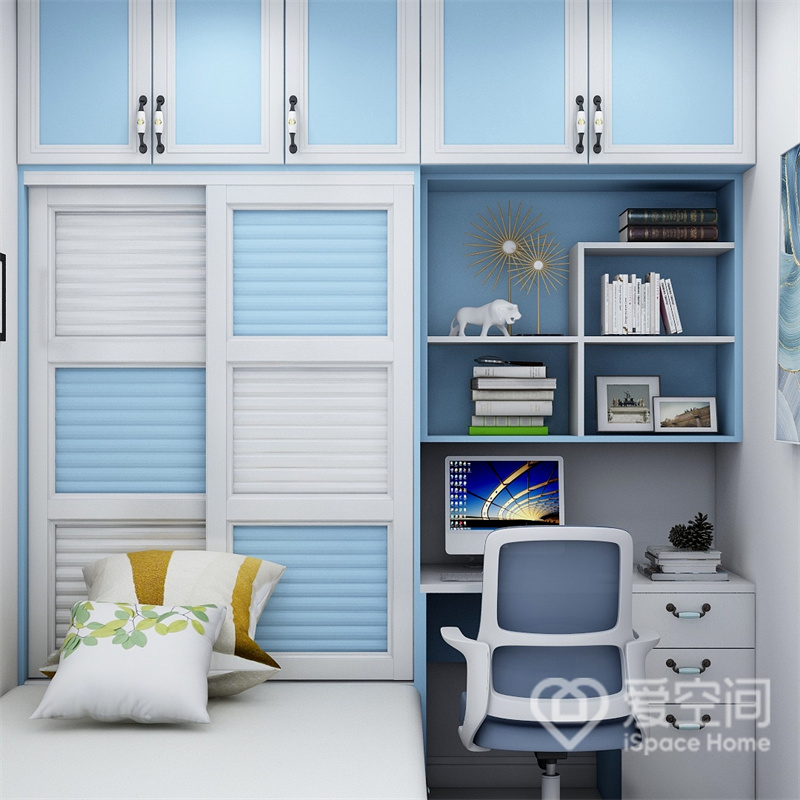 主卧选用白色和蓝色为主色调，创造出北欧的生活氛围，一体柜设计令空间的整体感更强。