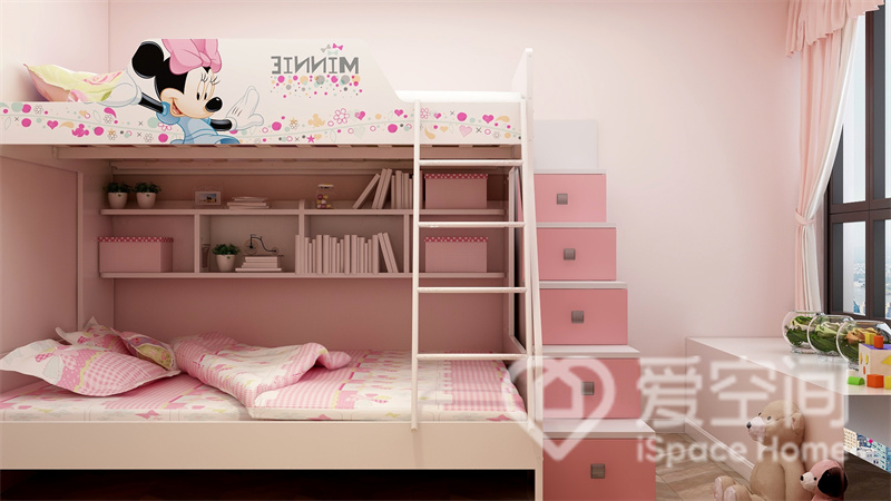 粉色家具营造出视觉上的浪漫效果，自带收纳柜功能的高低床节省了空间占地，营造出温馨的氛围。