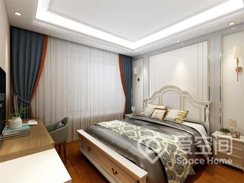 次卧空间中，设计师大量运用简约的白色为主色，床体造型优雅大气，冷色软装搭配其中，增添了空间的立体感。