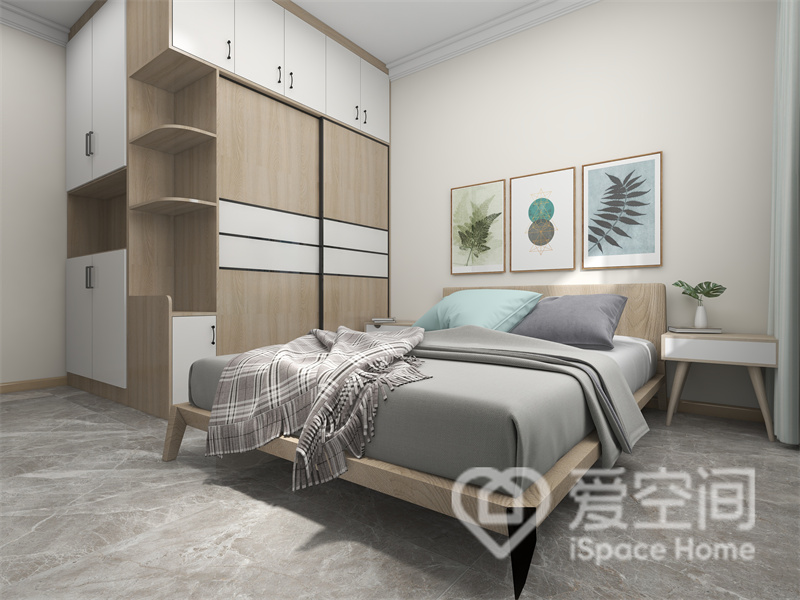 次卧定制柜功能强大，颜值高也满足多元化储藏，原木家具搭配灰色床品赋予了空间层次感。