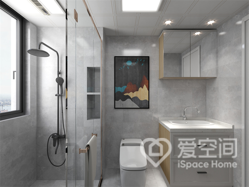 干湿分离线条让整个卫浴空间显得层次分明，壁龛在不经意间呈现出空间感，洗手柜储物功能强大。