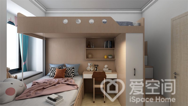 高低床划分出区域功能，干净简洁的线条勾勒出层次感，白色与原木色搭配卧室清新而自然。