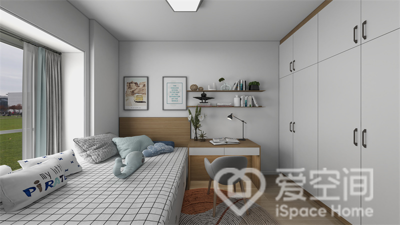 次卧设计注重收纳规划，隐形衣柜将空间秩序与生活便利完美融合，木质元素的融入强化了温馨氛围。