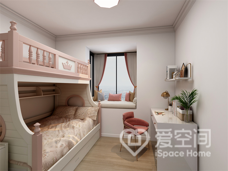 儿童房放置了高低床，白色与粉色碰撞疏朗雅致，写字台精致小巧，飘窗温馨舒适，烘托出高级的空间氛围。
