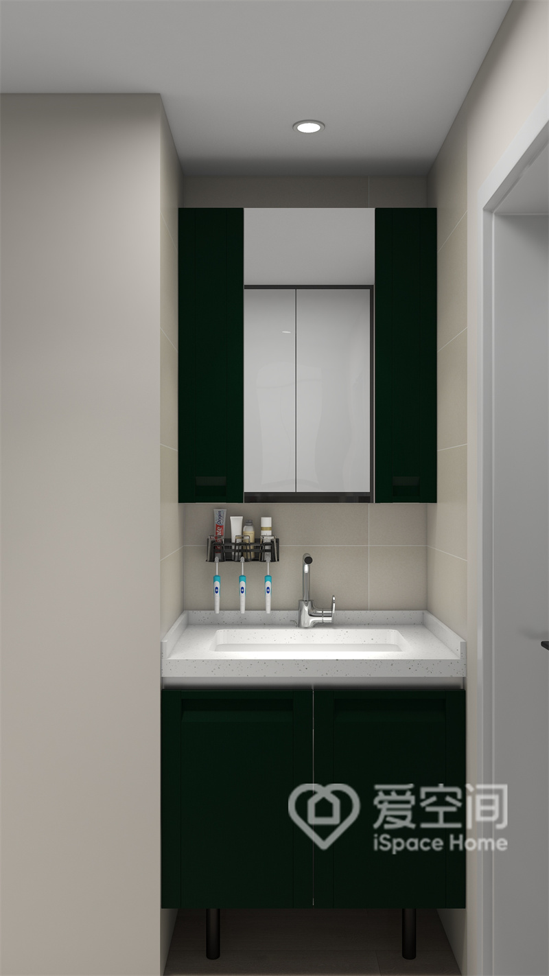 卫生间洗手台外移设计，黑白搭配提升了视觉层次，照明灯与镜面搭配形成了精致梦幻的高级感。