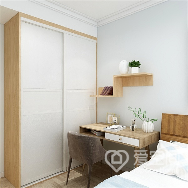 白色和原木材质相结合呈现出简约大方的次卧氛围，个性鲜明的家具提升了空间的优雅质感。