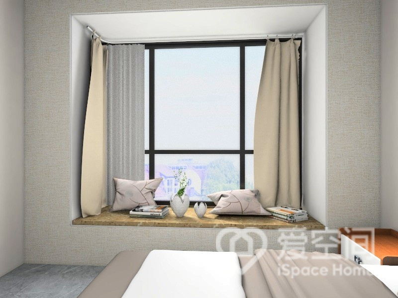 次卧飘窗做了特别的设计，展现出个性化的生活方式，卧室除休息之余，还具有休闲功能。