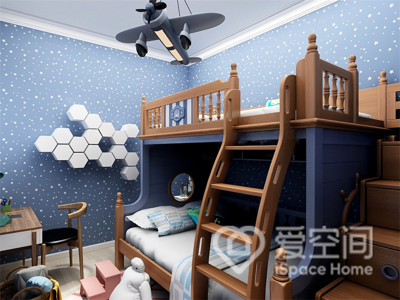 儿童房利用蓝色壁纸及装饰带来更多层次，高低床造型精致，折射出小主人的高端生活品质。