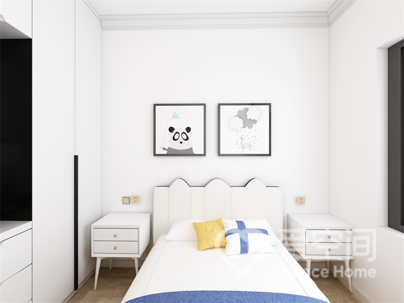次卧采用的色调主要是白色，软装利用了蓝黄碰撞来渲染空间的北欧情绪，打造出温馨的居住氛围。