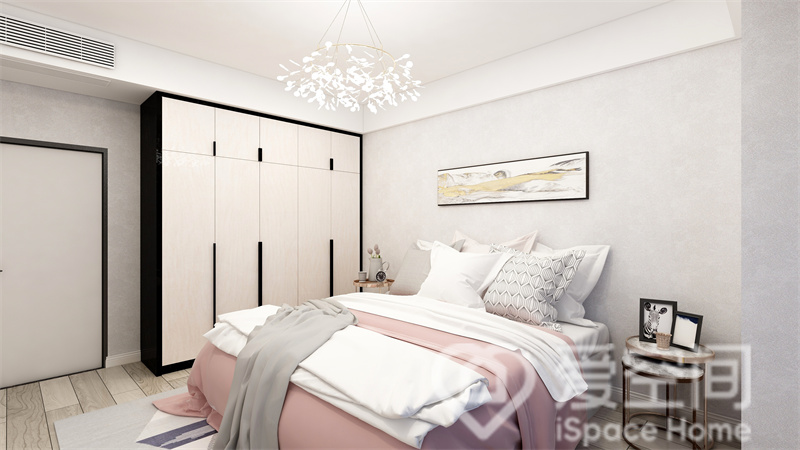 次卧整体选用灰白色为主，搭配北欧元素的家具设计，体现出空间的浪漫氛围，空间立体感强。