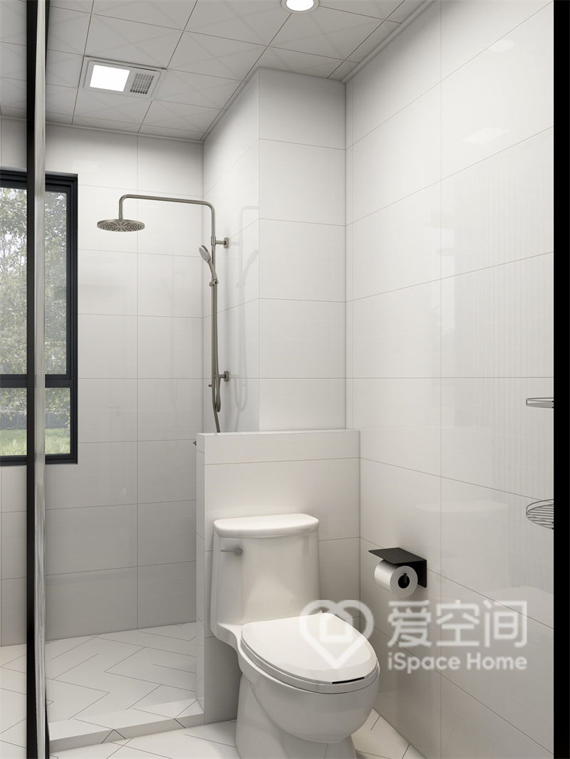 卫浴空间看上去舒适自然，室内采用了半隔断设计，令空间变得开阔和通透，白色洁具强化了洁净感。