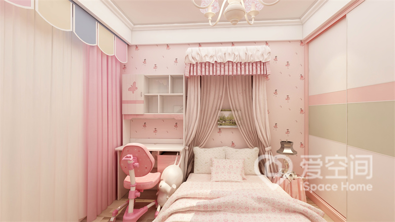 儿童房拥有通透的格局，空间以粉色和白色为主色调，床头设计层次分明，塑造出别样的美感。