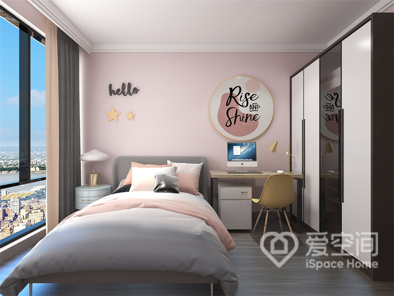 次卧有良好的采光条件，灰色背景墙令空间充满少女色彩，装饰画的点染下卧室充满童趣氛围。