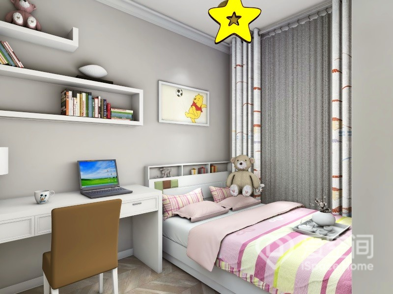 儿童房营造浪漫，暖色软装营造出精致轻盈的生活氛围，白色定制家具令卧室显得更加整洁。