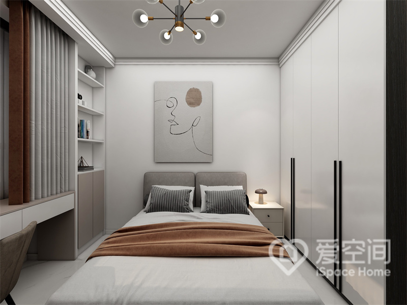 次卧空间通过软装材质及色彩搭配，表达出业主对生活的态度，衣柜入墙式设计，令卧室生活获得更多自在与舒适。