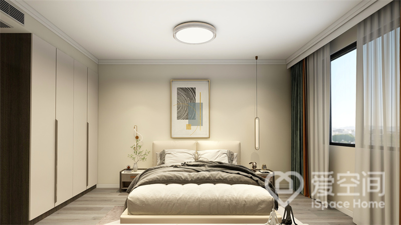 次卧以高级的米色调作为主要色调，赋予了卧室温柔的气息，主灯与线性灯具搭配设计，增加了空间的照明光感。