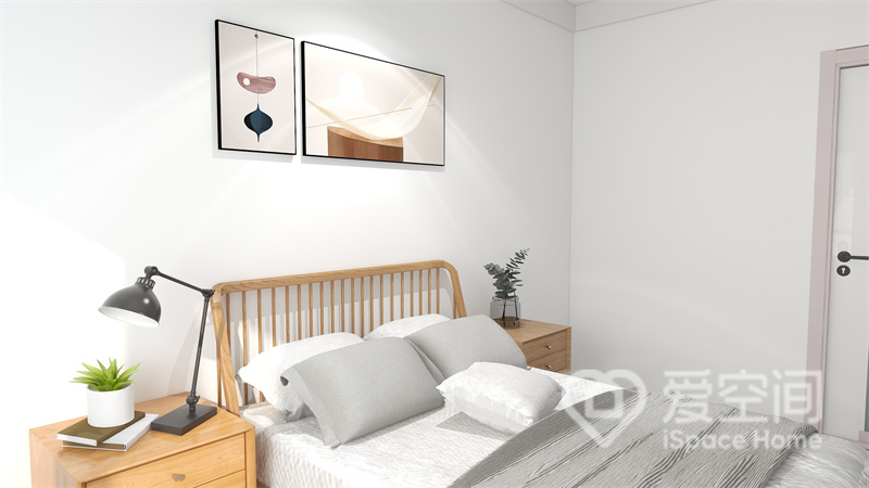 白色与灰色作为床品搭配纯粹又宁静，木质调双人床简洁优雅，营造出温馨静谧的睡眠空间。