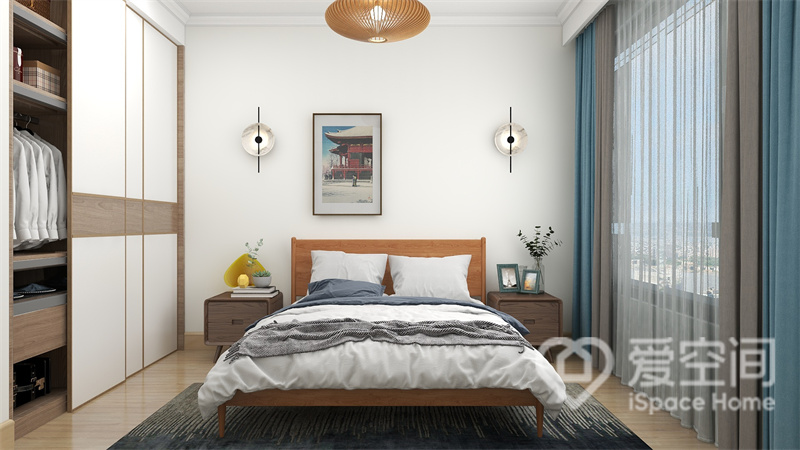 次卧以白色为主色调，巧妙运用床头双柜搭配壁灯对称设计，营造出方便、舒适的睡眠环境。