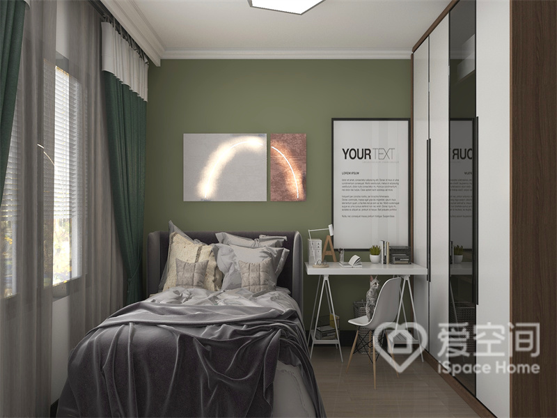 次卧选用纯粹的绿色作为背景墙，搭配灰色系的床铺，室内没有太多复杂的装饰，简约而美好。
