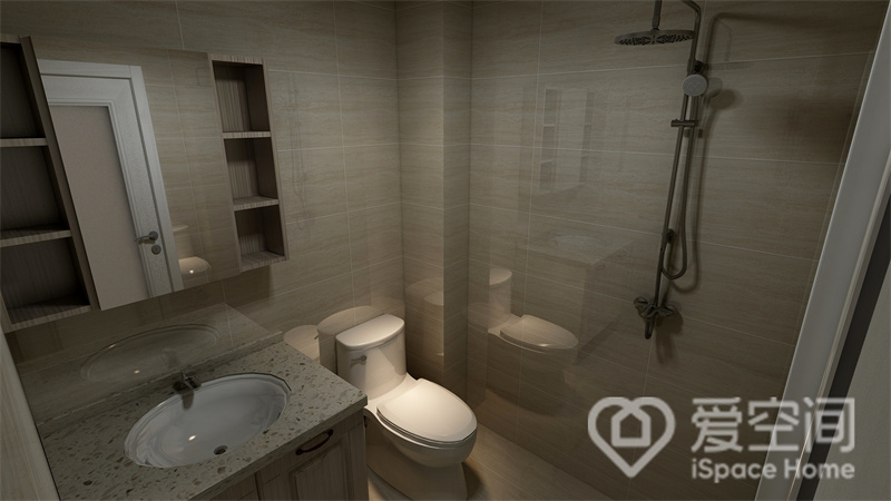 簡約的設計主導下，衛浴空間美感盡收眼底，精簡的潔具和家具放置其中，讓空間不顯擁擠。