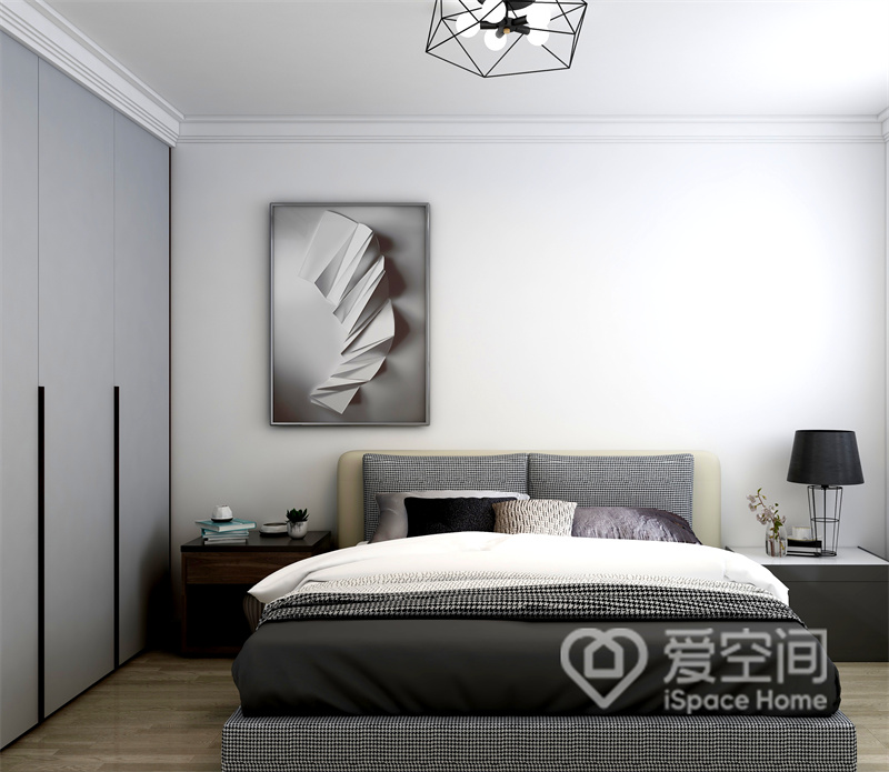 次卧设计中以白色为背景，灰色衣柜入墙设计，释放出很多行走空间，大地色软装元素提升了空间的都市品质。
