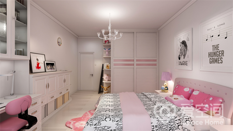粉色系塑造出清新脱俗的空间感，设计师注重空间收纳，细节处理不拖沓，使空间有序而舒适。