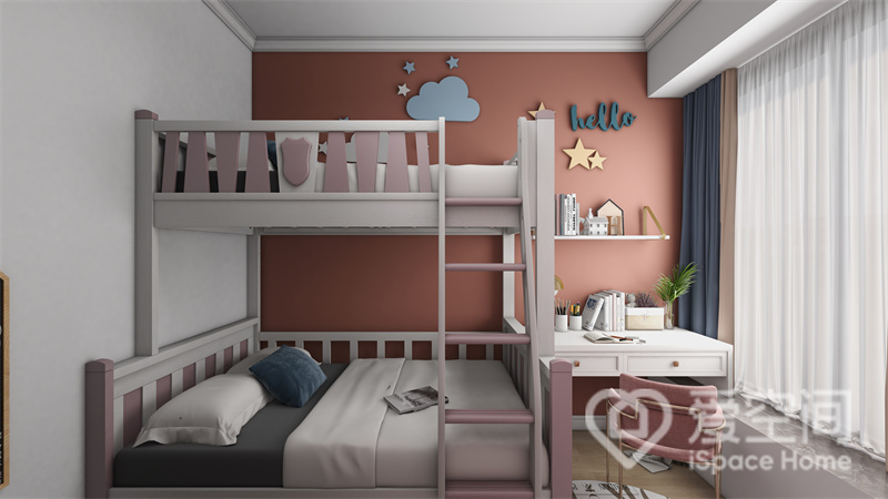 儿童房置放高低床，提升了空间的利用率，粉橘色背景墙很新颖，写字桌尺寸适度，恰到好处。