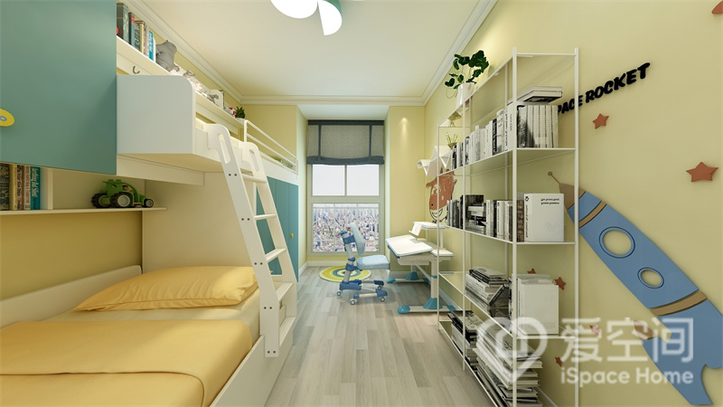 黄色调带来温馨舒适的感觉，设计师在家具尺度上把握的恰到好处，高低床提高了利用率。