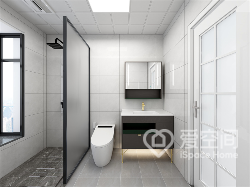 卫生间带来简洁雅致的氛围，咖色洗手柜既有气质也有个性，干湿分离设计后，空间格调十足。