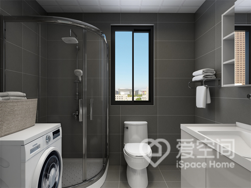 灰色背景带来品质生活的氛围感，干湿分离后卫浴空间在细节中得到升华，日常使用更加方便。