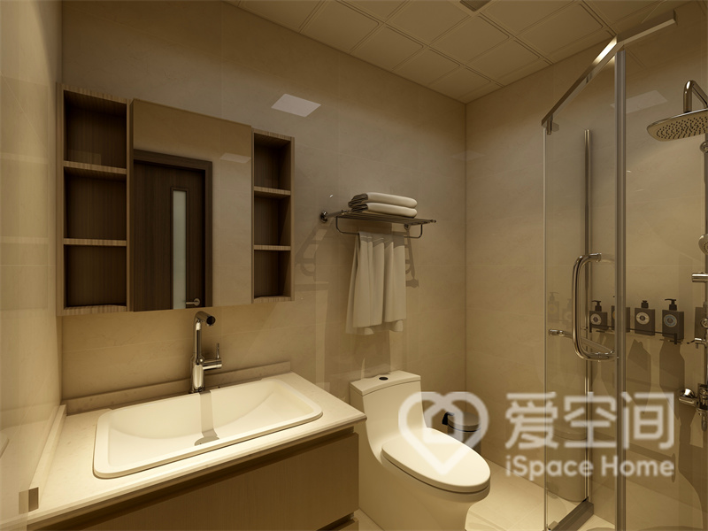 浅色背景将有限的卫浴空间更大化，整体显得宽敞明亮，干湿分离塑造空间的同时又不失实用性。