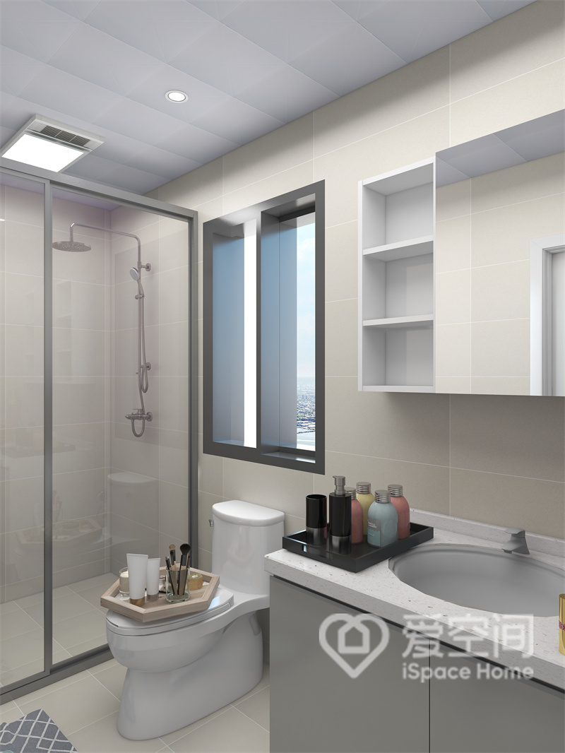 卫生间采用二式分离设计，可以做到洗漱和如厕互不打扰，镜柜增加了储物功能，保持了空间的整洁。