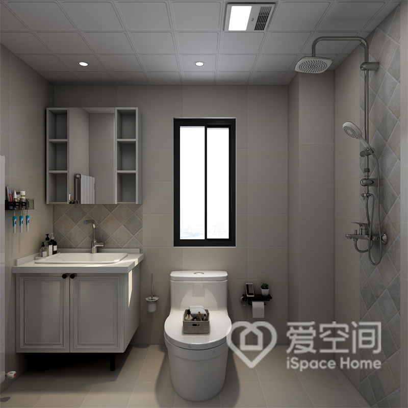米白色背景包裹着卫生间，室内洁具有序放置，无干湿分离设计，让视觉保持了自在的状态。