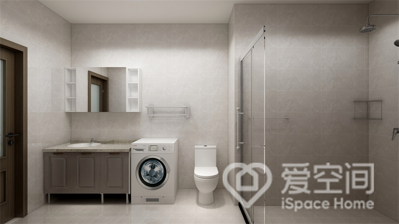 卫浴空间中，米灰色背景墙看起来十分舒适，干湿分离造型美观别致，为空间增添了更多品质感。