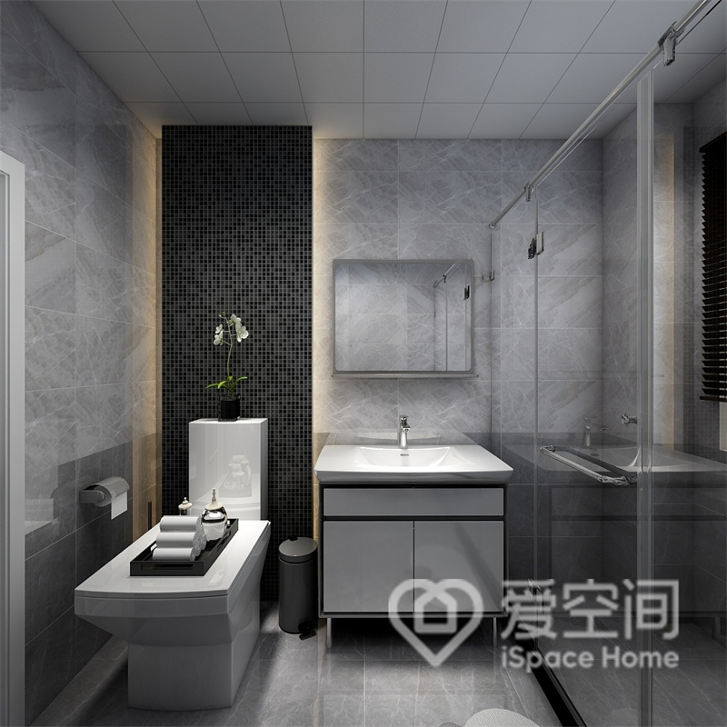 卫浴空间中，设计师利用简练线条穿插，增强了空间的层次，光线的明暗表现令卫浴环境更有档次。