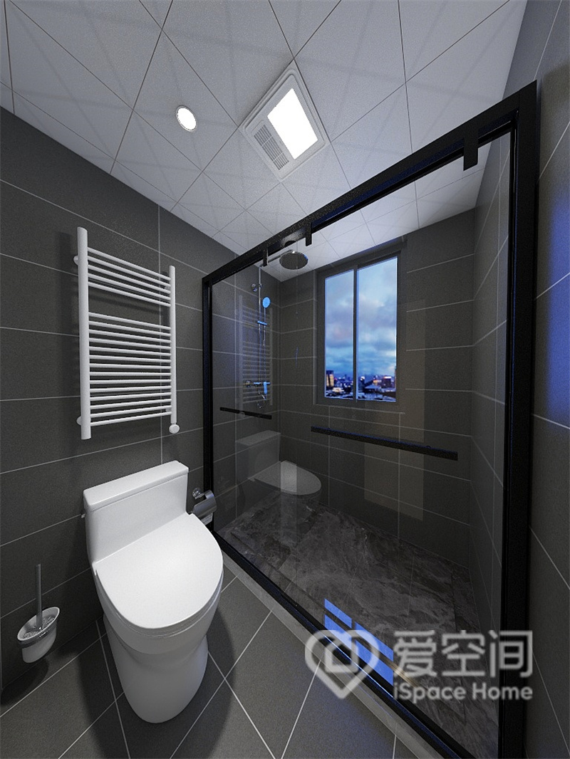卫生间使用了干湿分离设计，咖色空间中添置白色洁具有一种洁净感，令空间显得更加简约大气。
