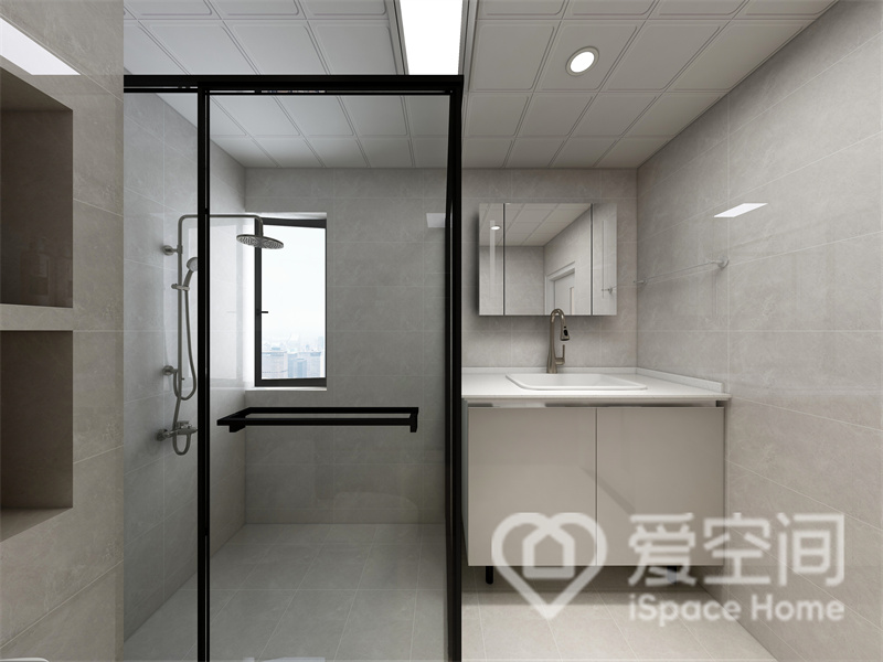 米白色砖面调和出一种优雅温馨的氛围，玻璃浴室的加入，空间增添了明亮时尚的生活气息。