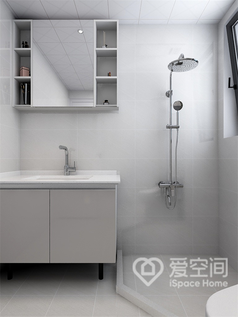 设计师利用防水条进行干湿分离，增强了卫浴空间的视觉感受，白色洁具与背景搭配起来十分和谐。