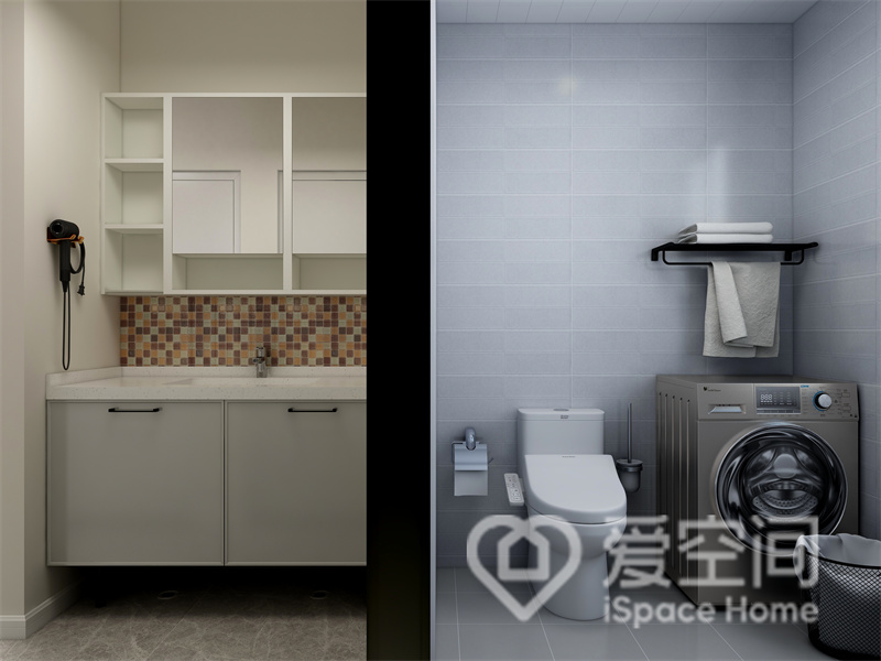 卫生间采用了干湿分离设计，提高了空间利用率，洗衣机放置在卫生间，日常排水变得更加方便。