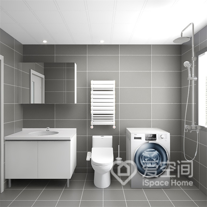 灰色背景十分优雅，白色线条勾勒出层次美感，白色洁具有序放置，调配出精简温馨的卫浴空间。