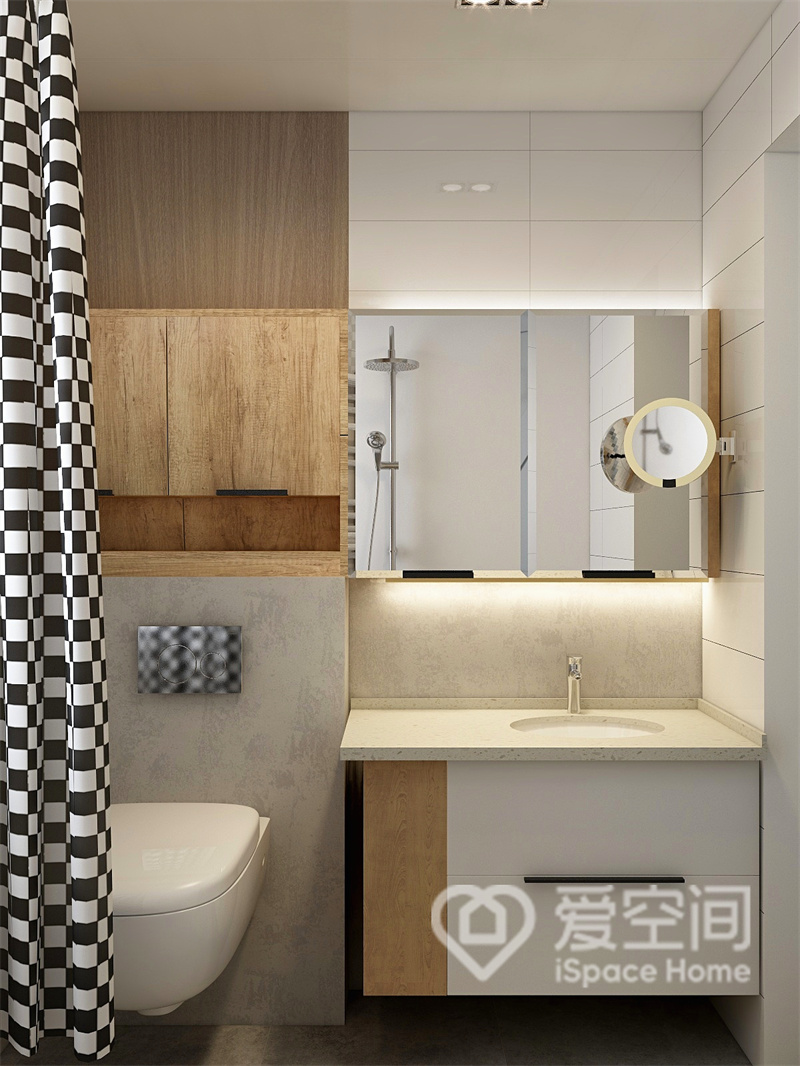 卫浴间镜子边缘安装灯带，洗手台底部增加了置物架，空间的储物能力得到提升，浴帘作为软隔断使用方便。