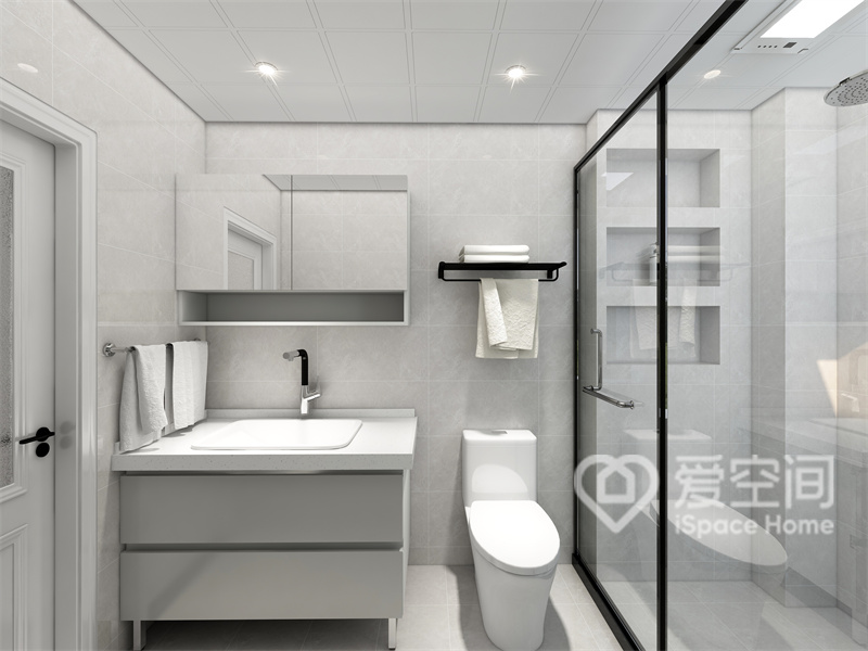 白色调打造出一个纯粹静谧的卫浴空间，干湿分离不影响采光，一体式台盆设计令洗漱变得更加方便。