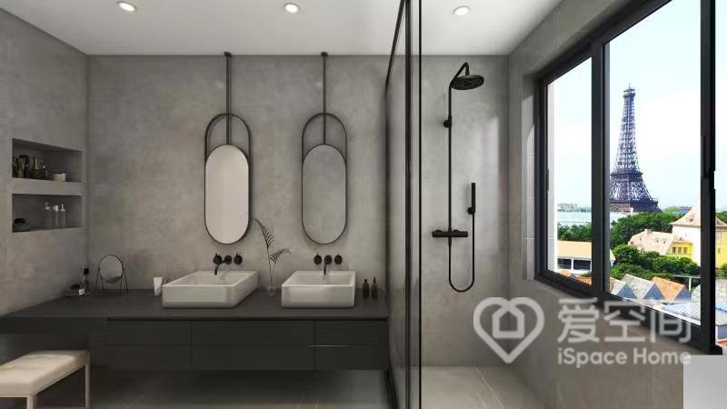 干湿分离打破了卫浴空间的格局，悬浮式洗手台上增置白色洗手池和弧形镜面，视觉感与颜值兼具。