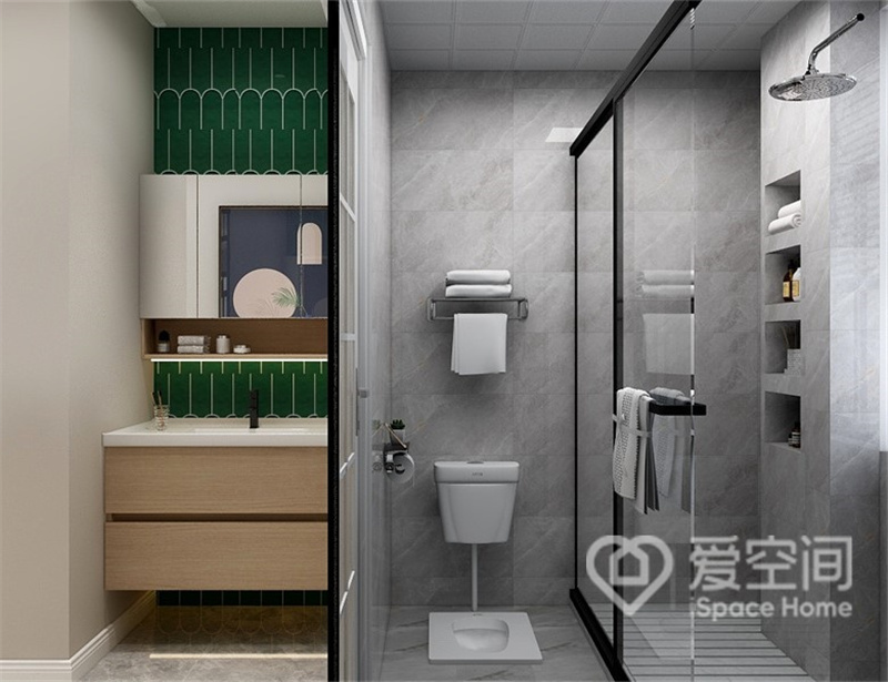 卫生间采用了三式干湿分离设计，遵循业主的本意，淋浴室的墙体上设计了壁龛，增加了空间的收纳能力。