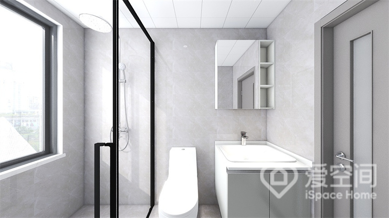卫浴空间功能完备，简洁有序，设计师运用玻璃做了干湿分离，带来层次美感，日常使用更方便。