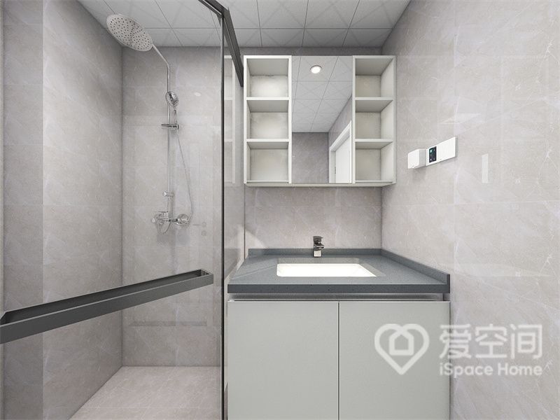 卫浴空间的设计化繁为简，大面积的留白让空间显得更大，干湿分离令日常清洁变得更为方便。